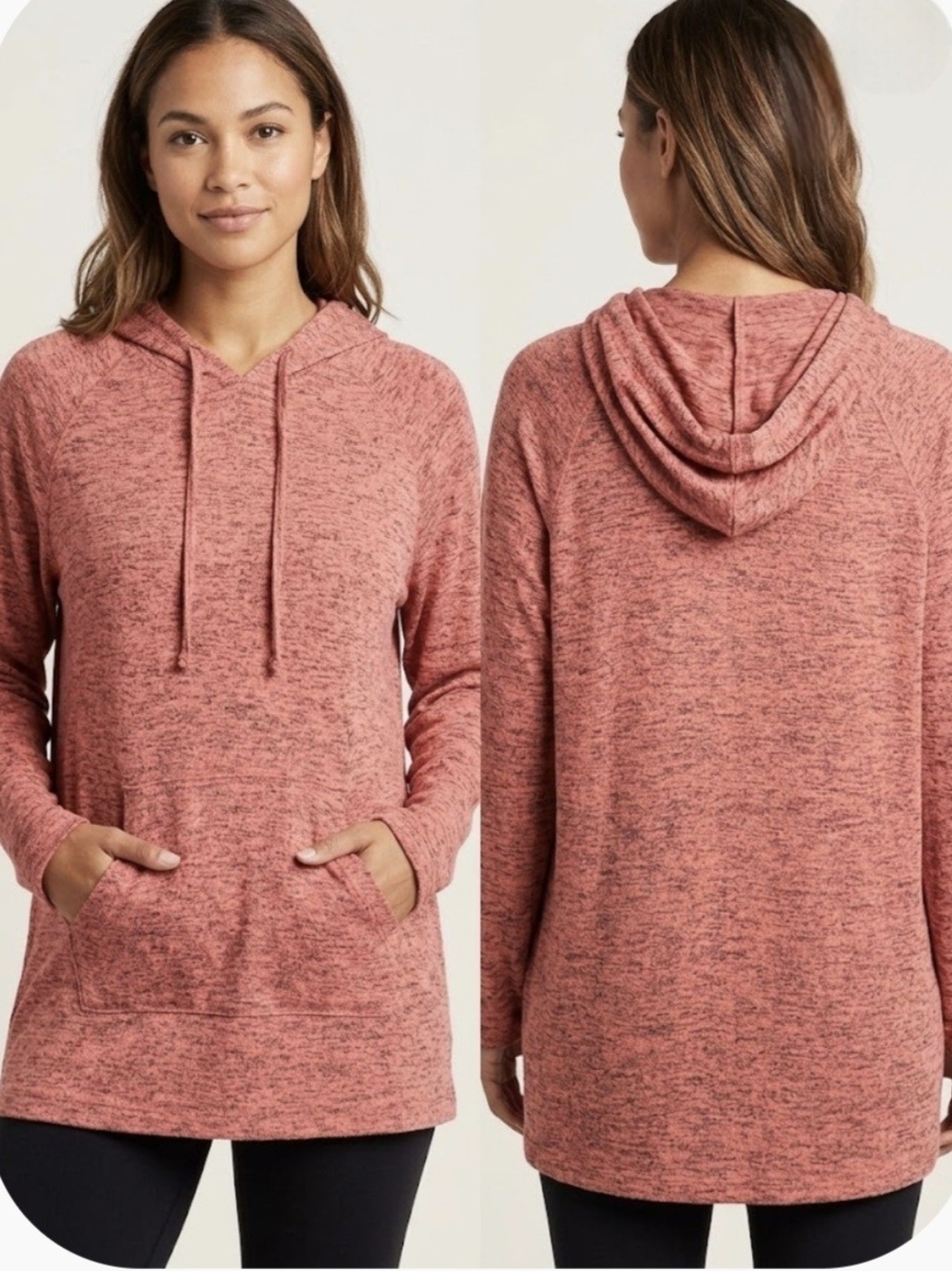 Soft & Cozy Coral Heather Hooded Tunic Sweatshirt | Kangaroo Pocket Size 1X